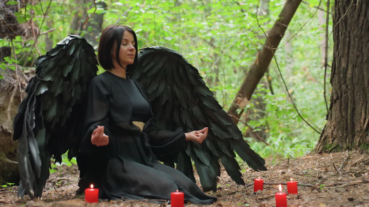 Visuale laterale di una giovane donna con ali nere inginocchiata sul suolo di una foresta, circondata da candele rosse luminose, che medita in un rituale spirituale pacifico sotto un bosco tranquillo