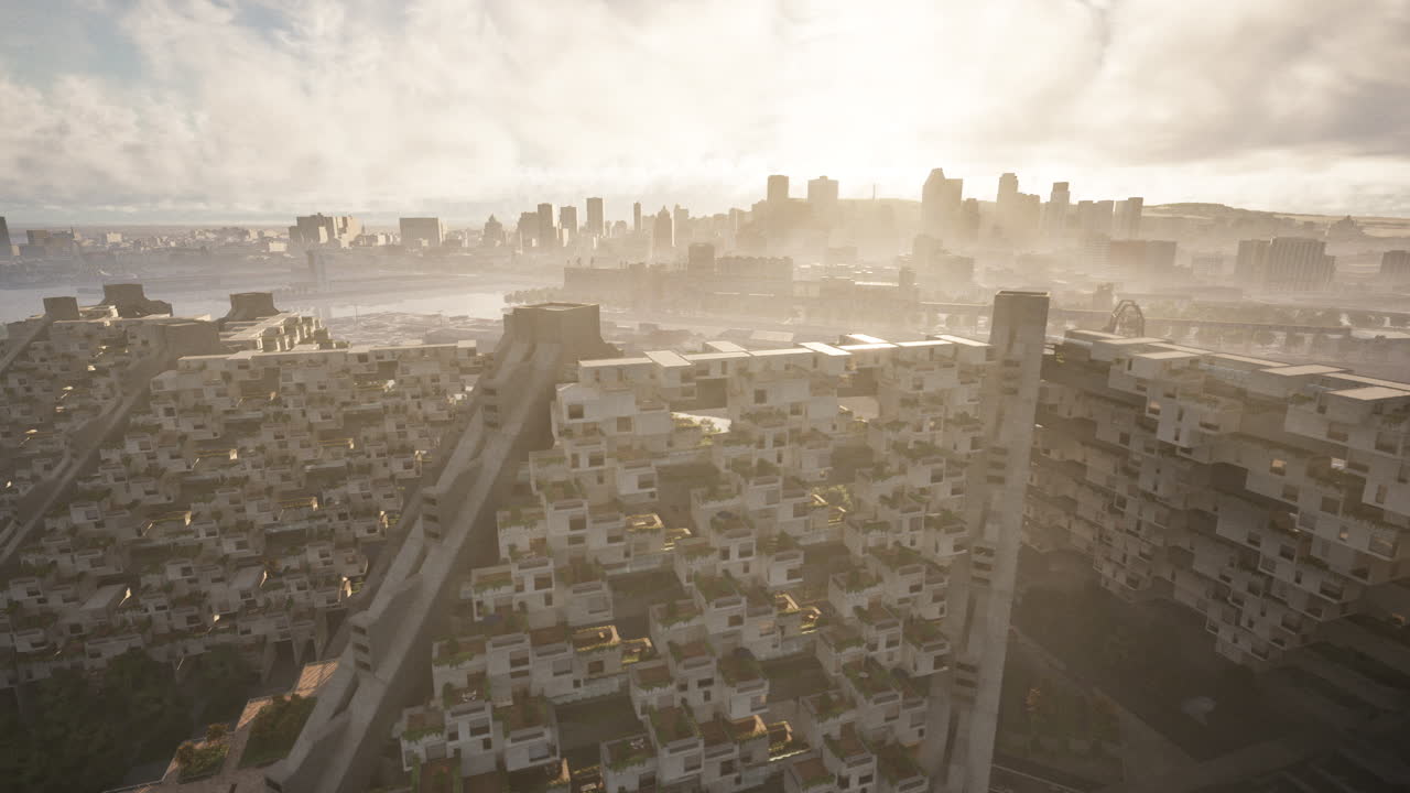 미래의 도시 풍경: 밀집하고 현대적인 도시를 공중에서 볼 수 있습니다.