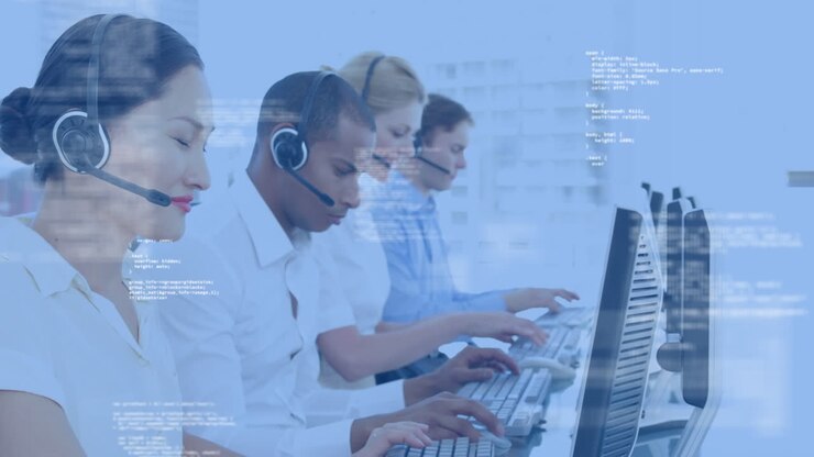 Animation of data processing over diverse business people using phone headsets