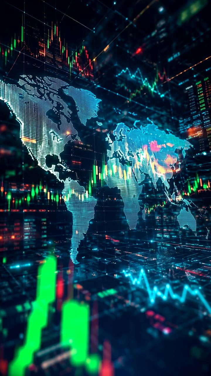 Scena finanziaria luminosa che mostra una mappa del mondo puntinata sotto una griglia a strati, con barre candlestick rosse e verdi, linee di mercato in aumento, pannelli traslucidi e dati aziendali digitali eleganti attraverso le regioni globali