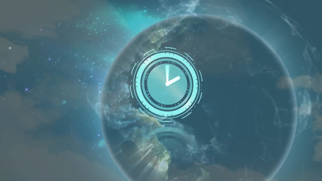 Animation von bewegter Uhr, Verbindungsnetzwerk und Globus über dem Himmel