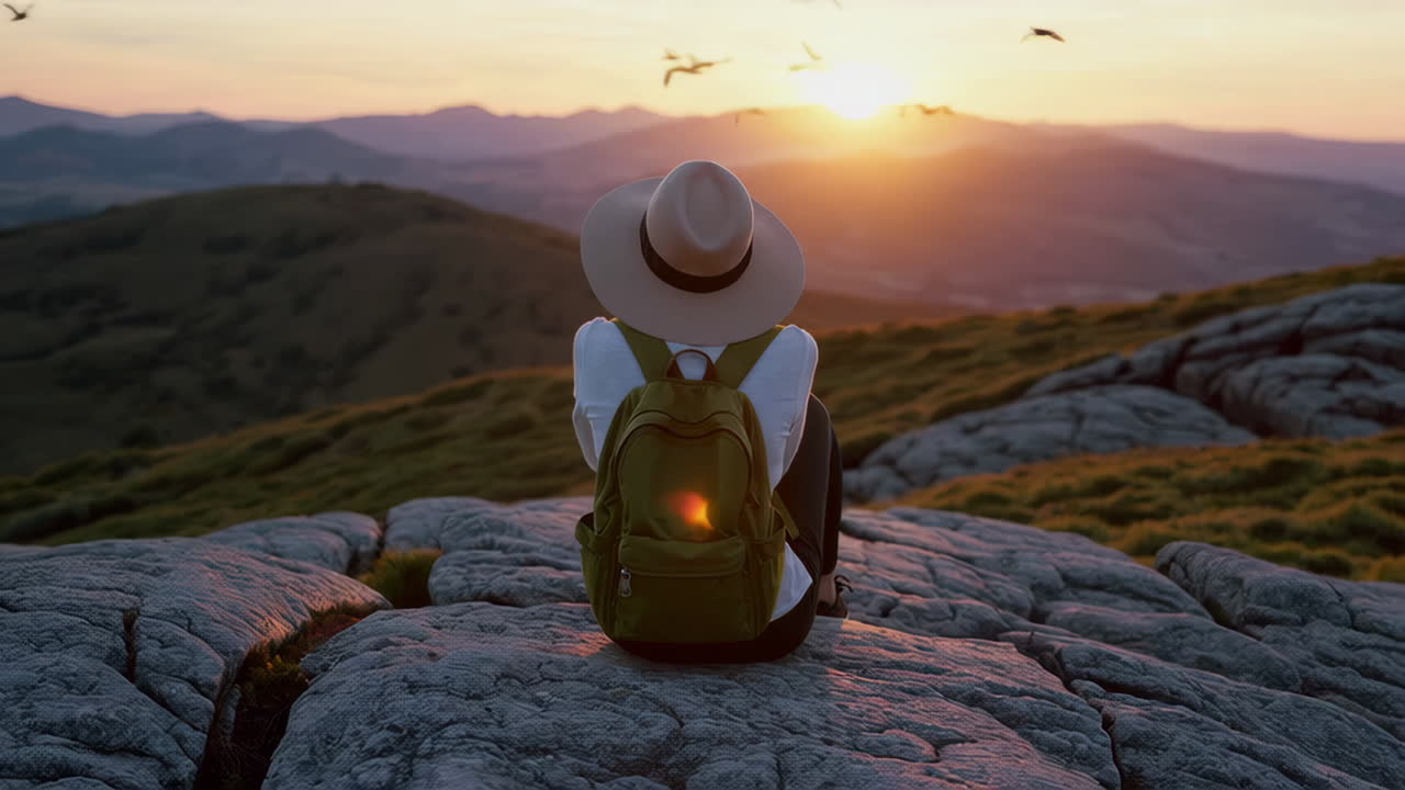 mujer caminando en la vista de la montaña al atardecer