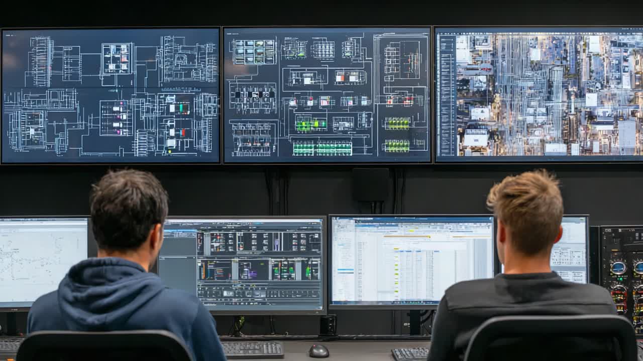Two operators working in a high-tech control room, monitoring multiple large screens displaying detailed data and system graphics, ensuring efficient operations and communication