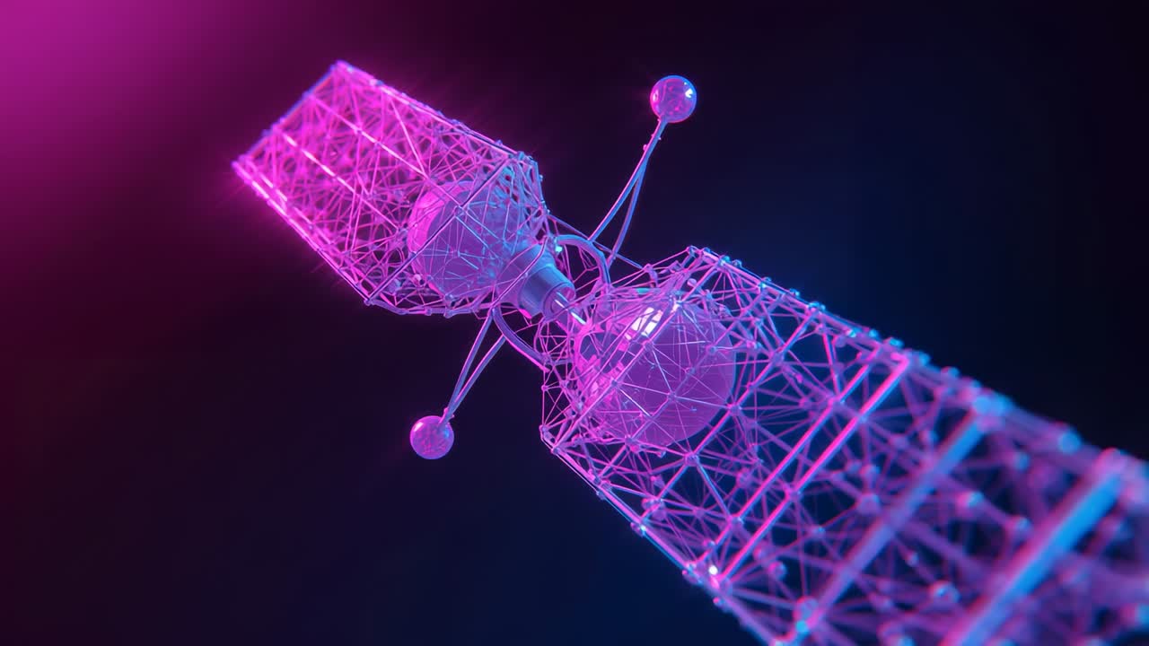 Orbiting camera circling neon wireframe lattice tower in digital void, highlighting spherical nodes