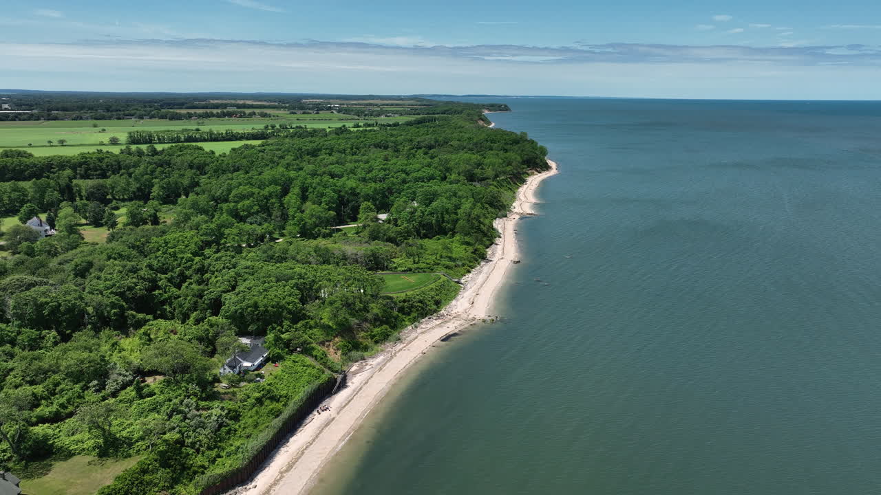 Aerial View Of Ocean, Beach And Sandy Shoreline Of Peconic In Suffolk County, New York, USA