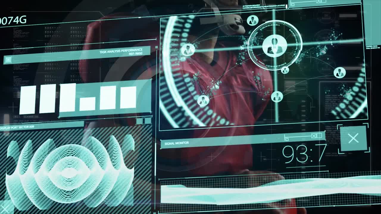 animación de un jugador de rugby caucásico sobre el procesamiento de datos.