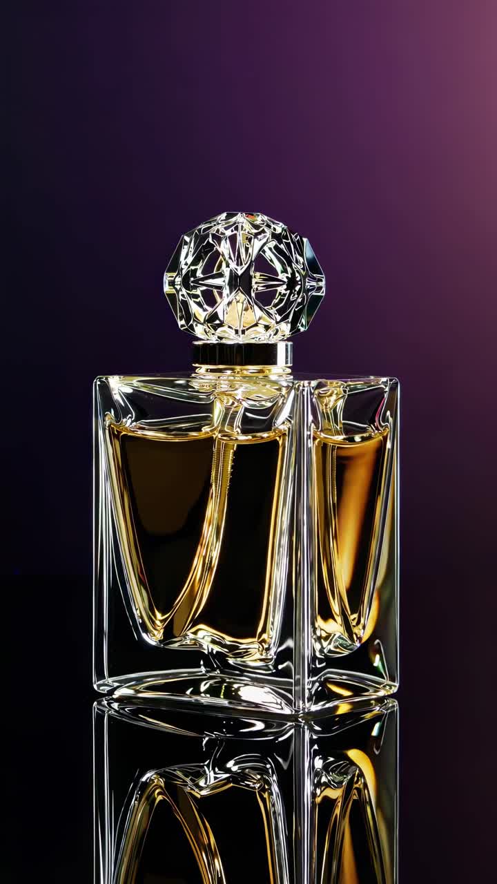 Elegante flacone di profumo su superficie riflettente, catturato da un angolo basso