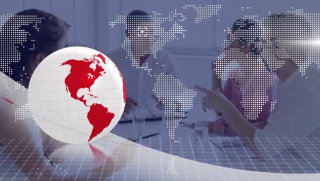 Animation-of-globe-with-connections-and-world-map-over-business-meeting