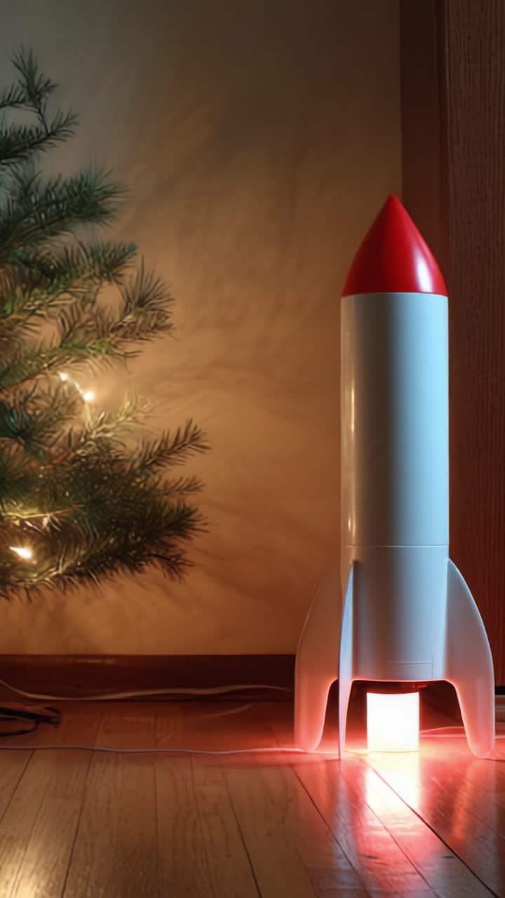 Um Foguete de Brinquedo Vibrante Erguendo-se Contra o Cenário de uma Árvore Decorativa, Iluminando o Quarto com um Brilho Quente, Incorporando o Espírito de Imaginação e Criatividade