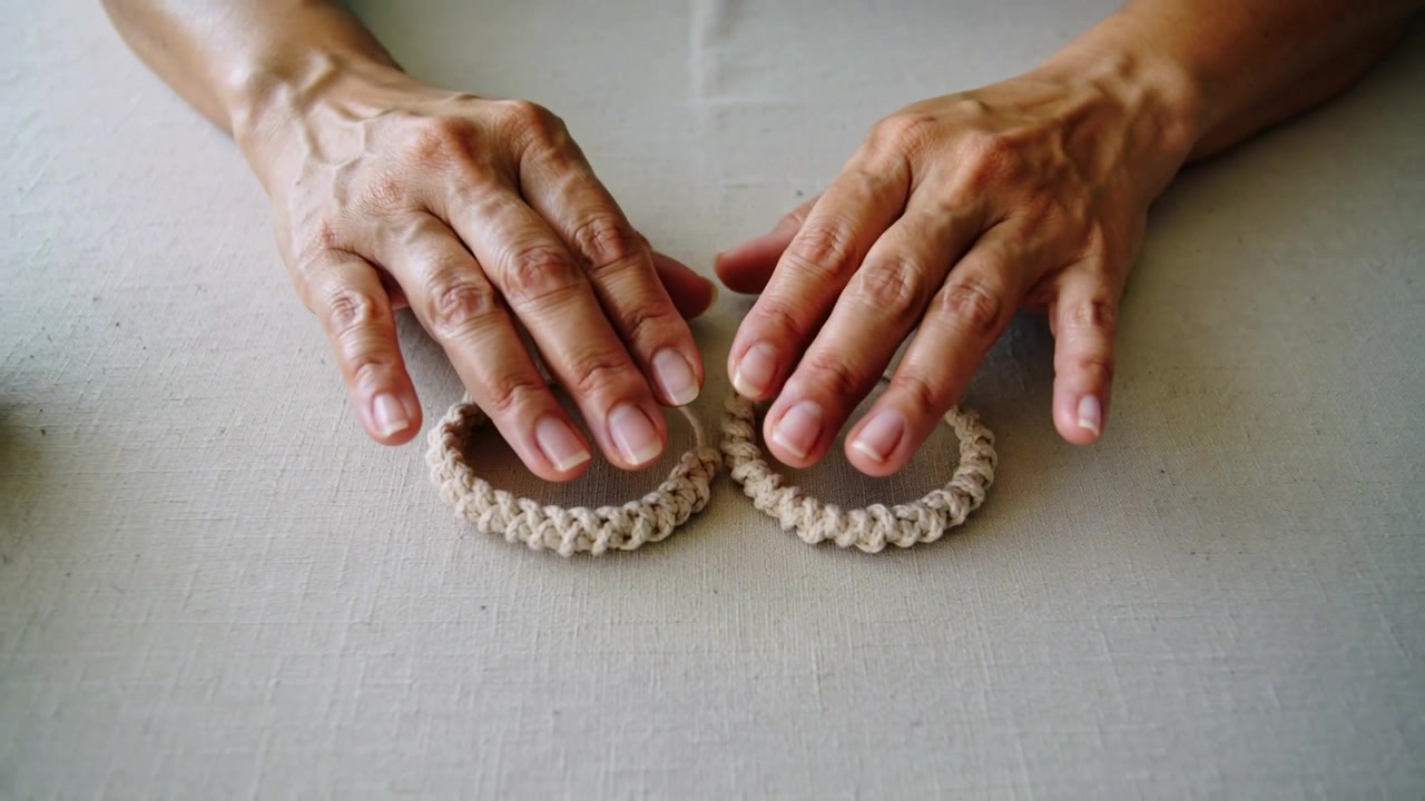 Reaching hands aligning bracelets on fabric table for neat display, teal sleeve and pink yarn