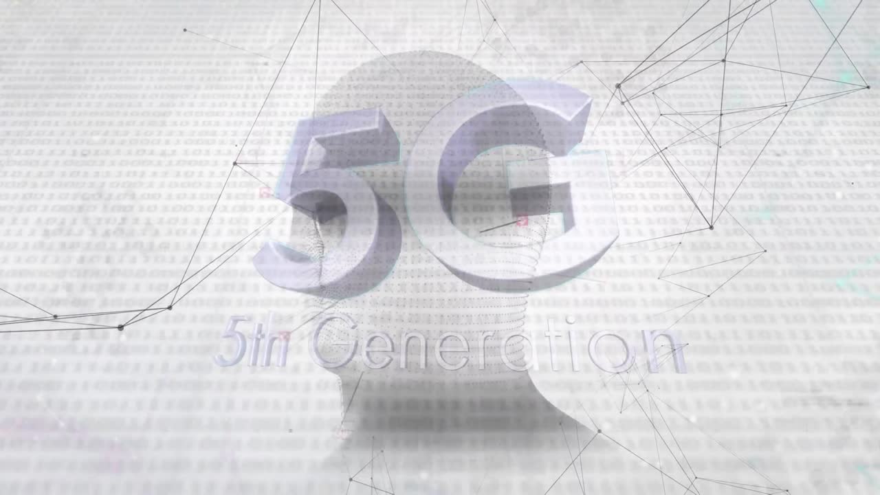 animación de 5g texto de quinta generación sobre la cabeza humana girando y red de conexiones en el fondo