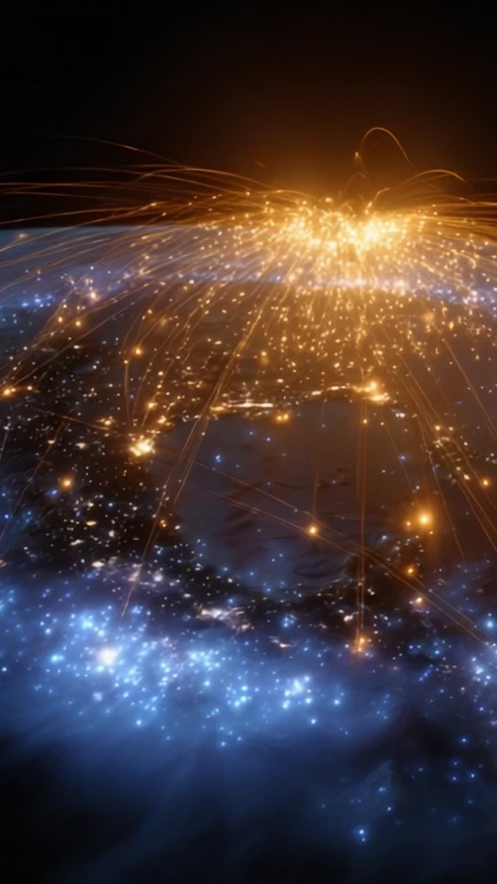 Stunning Visual of Earth from Space with Golden and Blue Lights Depicting Connectivity and Energy Flow Across the Planet in an Enigmatic Night Sky Perspective