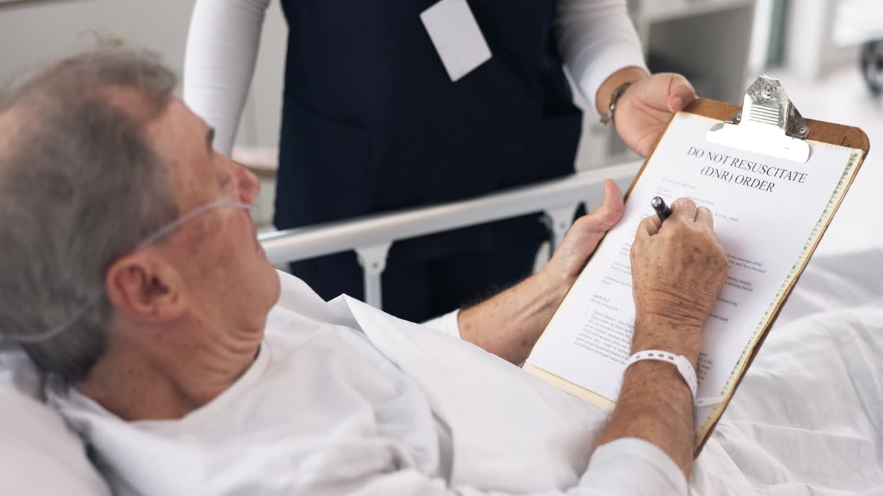 Hospital, doctor and man sign dnr form