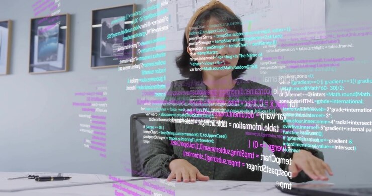 Materializing holographic panels, developer tapping desk and swiping code for interface design
