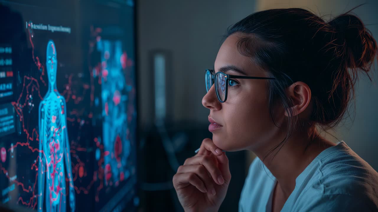 Responding to glowing display at lab, researcher in scrubs leaning, analyzing anatomy data
