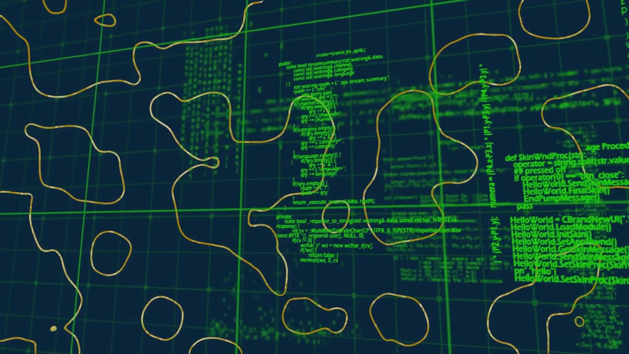 Yellow contours emerging from left drifting, morphing over green code on 3D grid to reveal data