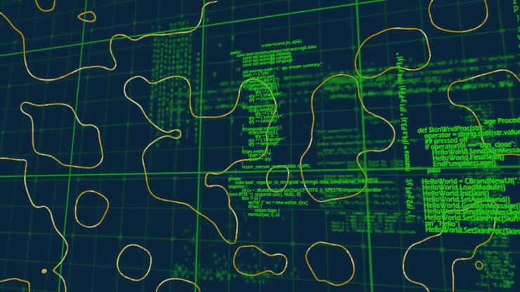 Yellow contours emerging from left drifting, morphing over green code on 3D grid to reveal data