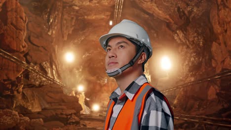 close up side view of asian male engineer with safety helmet looking around while standing in underground mine tunnel