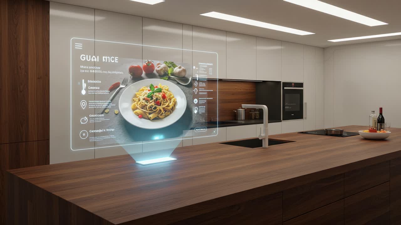 An Innovative Kitchen Experience: A Futuristic Cooking Interface Displaying a Delicious Pasta Dish with Virtual Instructions and Ingredients in a Modern Setting