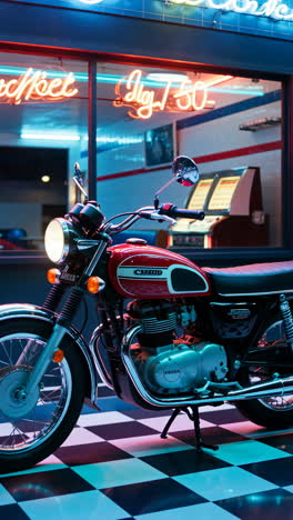 a vintage red motorcycle parked outside a retro diner with neon lights and a jukebox visible inside