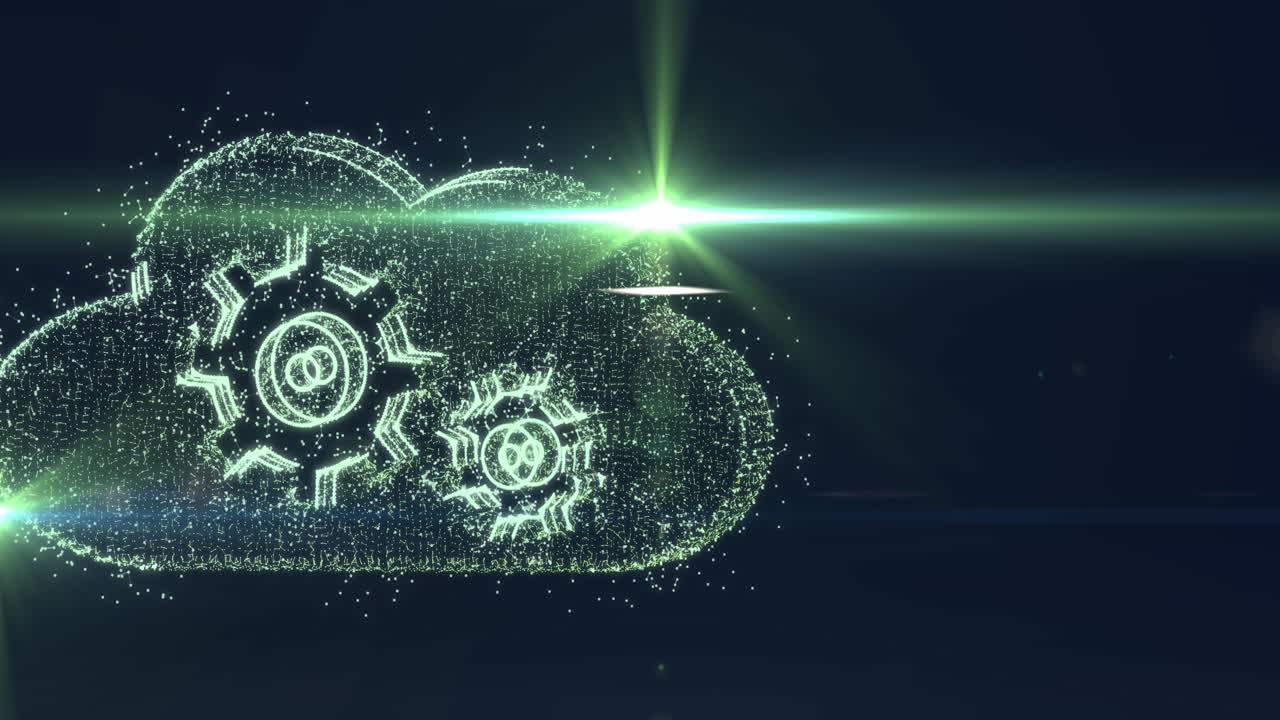 animación de nube con engranajes ai procesamiento de datos sobre cuadrícula y fondo oscuro
