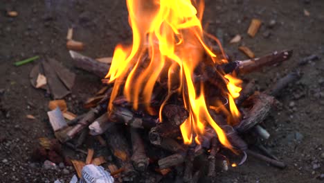 Hoguera,-Llamas-De-Fuego-En-Fogata-En-Cámara-Lenta,-Cámping,-Maderas-En-Llamas