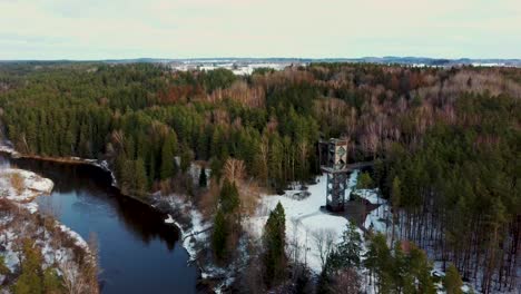 aerial view of anyksciai laju takas, treetop walking path complex with a walkway, an information center and observation tower, located in anyksciai, lithuania near sventoji river