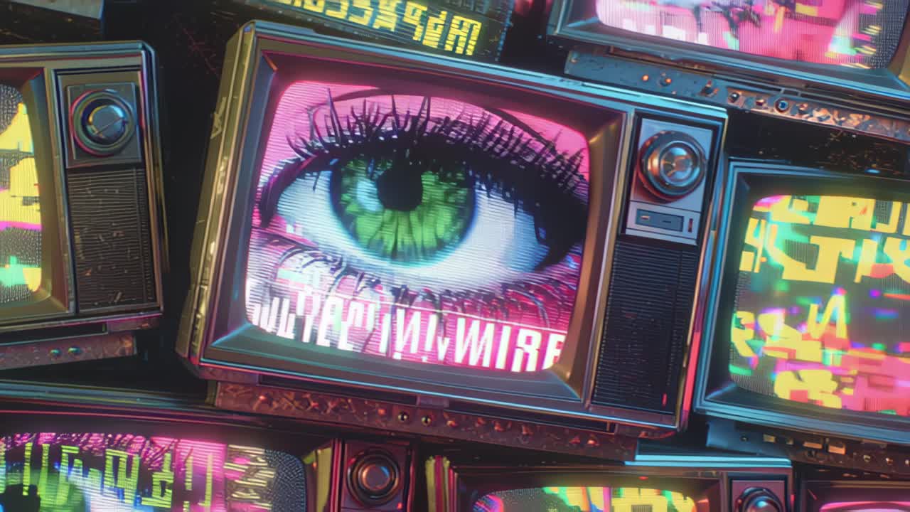 Stacked old CRT TV screens showing colorful glitch and static noise, neon cyberpunk palette and analog distortion, concept of broadcast error, retro technology