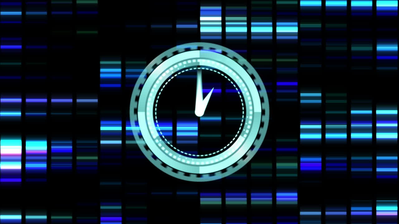 Animation of moving clock over changing lights on black background