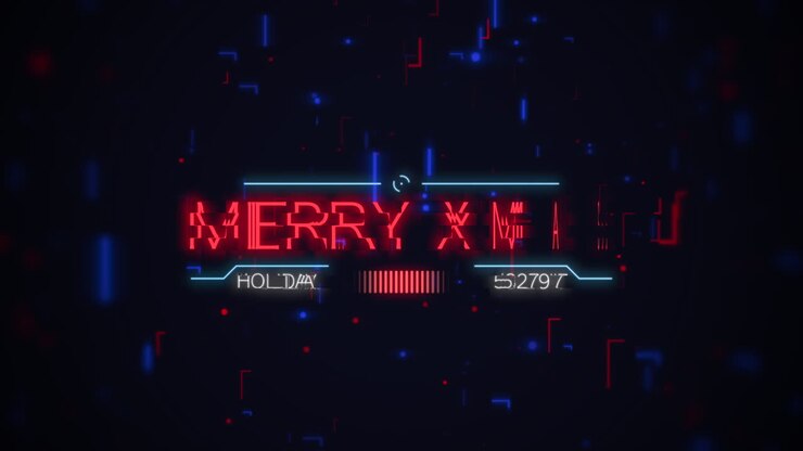 Merry XMAS text with neon HUD elements on screen