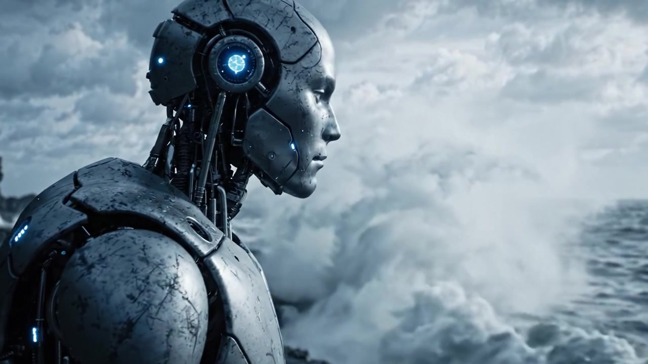 Una figura robotica contemplativa siede in riva all'oceano, fissando le vaste acque, riflettendo una fusione di tecnologia e natura in mezzo a uno sfondo scenico drammatico.