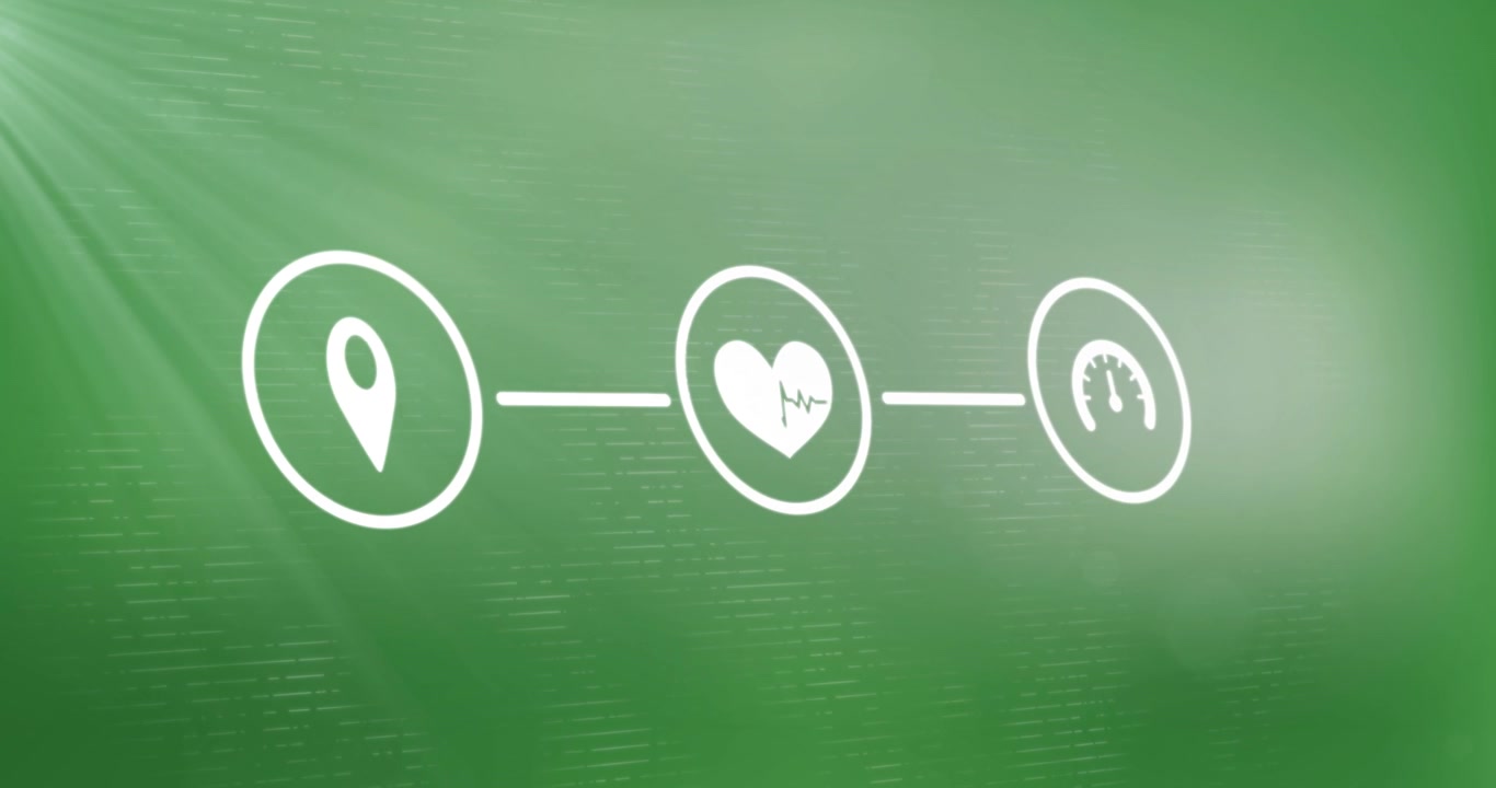 Animación de iconos de GPS, pulso cardíaco y velocímetro formando un diagrama de flujo sobre fondo verde