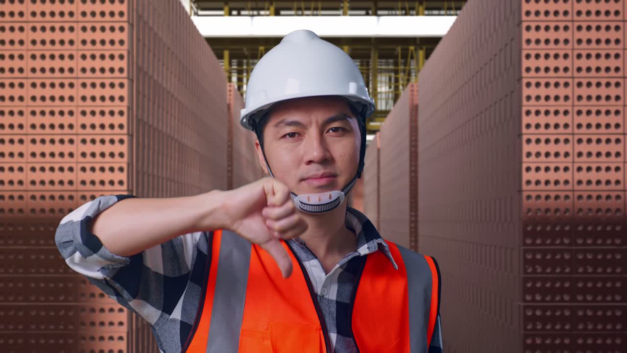 Close Up Of Asian Male Engineer With Safety Helmet Showing Thumbs Down Gesture And Shaking His Head While Standing With Red Brick Packed in Stacks Are Stored