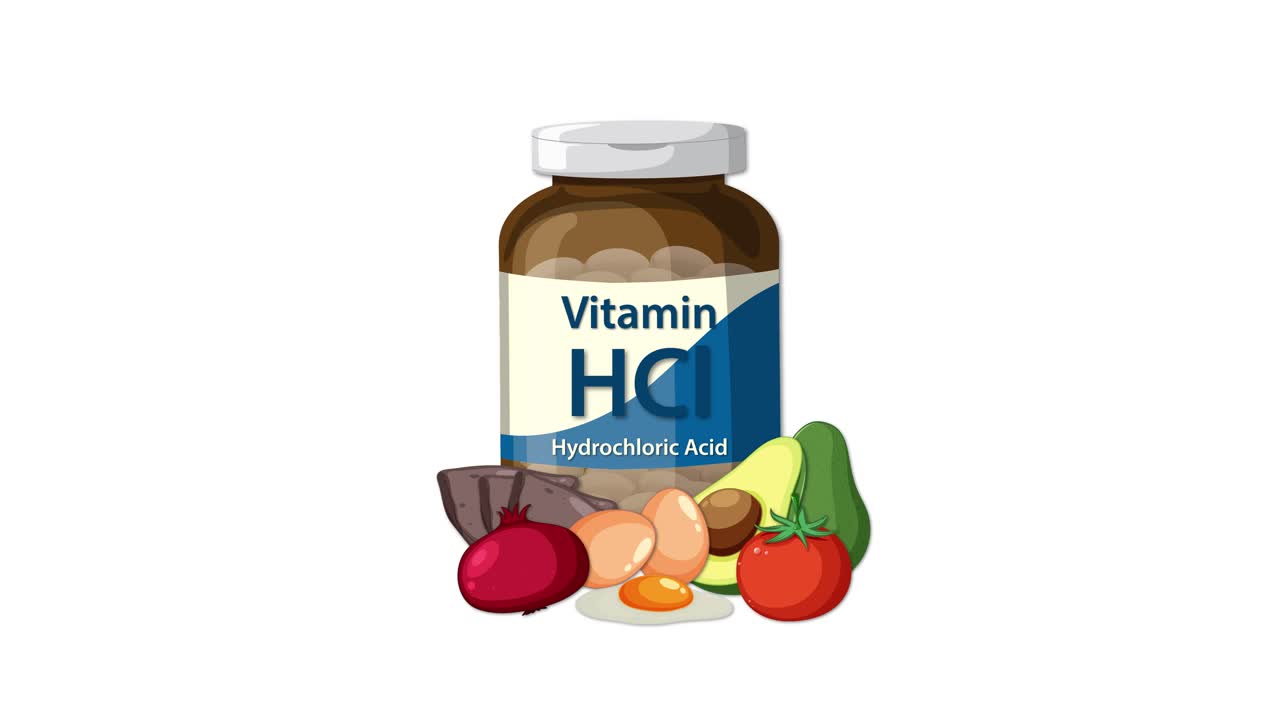 Vitamin HCl bottle appears as nutritious foods animate in, emphasizing health and clean white background