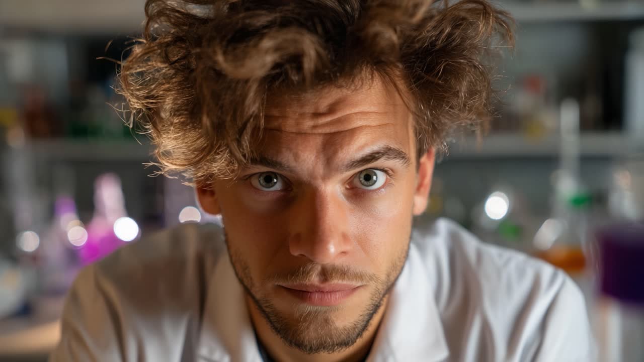 Cientista concentrado em laboratório demonstrando intensa curiosidade, cercado por frascos e soluções, explorando os limites da química e da experimentação