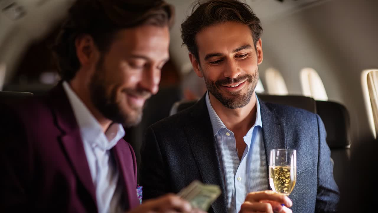 Two well-dressed men enjoy a luxurious flight experience, sharing money and laughter while sipping champagne in a private jet, showcasing a moment of friendship and success