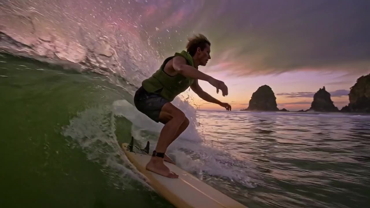Um surfista habilidoso navega as ondas ao pôr do sol, exibindo a beleza do surfe em meio a cores atmosféricas deslumbrantes e paisagens naturais ao fundo.