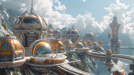 futuristic city in mountain landscape
