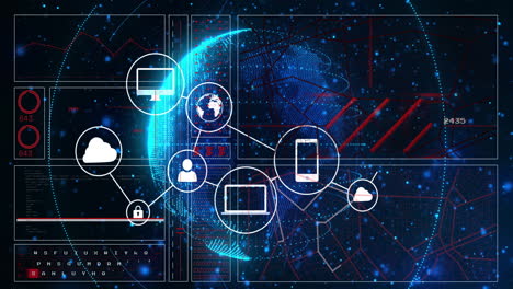 digital network and data processing animation over earth with technology icons