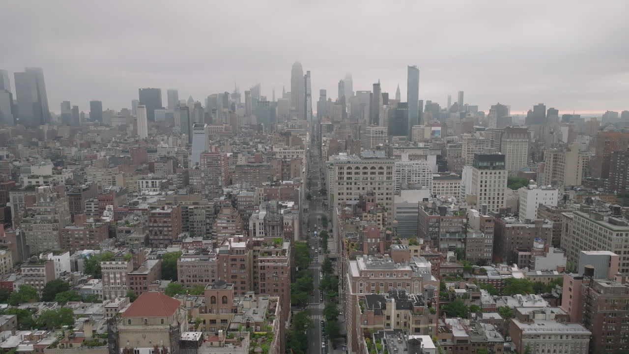 Aerial view of Midtown Manhattan on an overcast morning. Shot in New York City