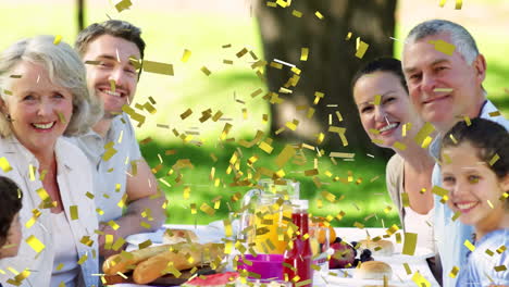 animación de confeti cayendo sobre una familia feliz en una fiesta de cumpleaños