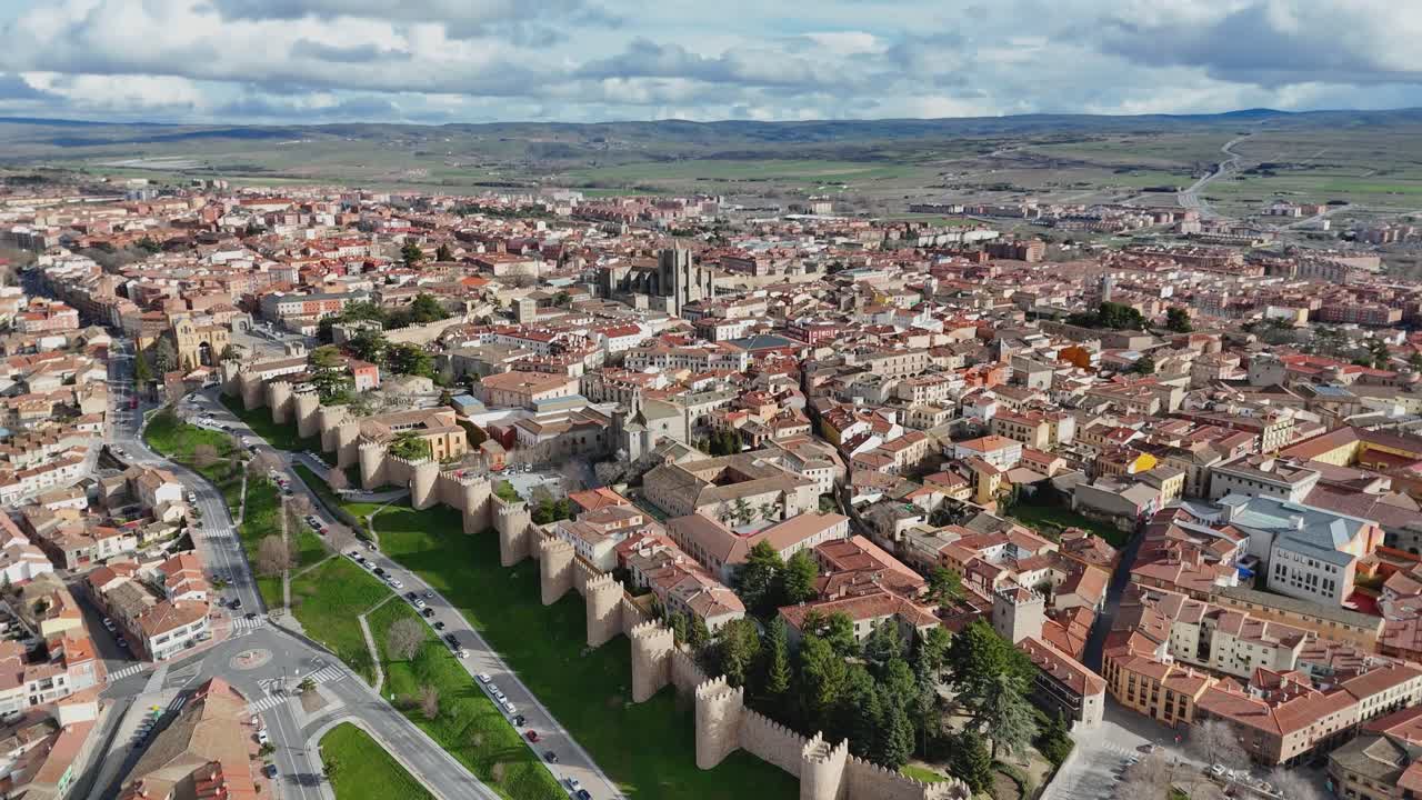 Drone pan of Ávila walls and cathedral view