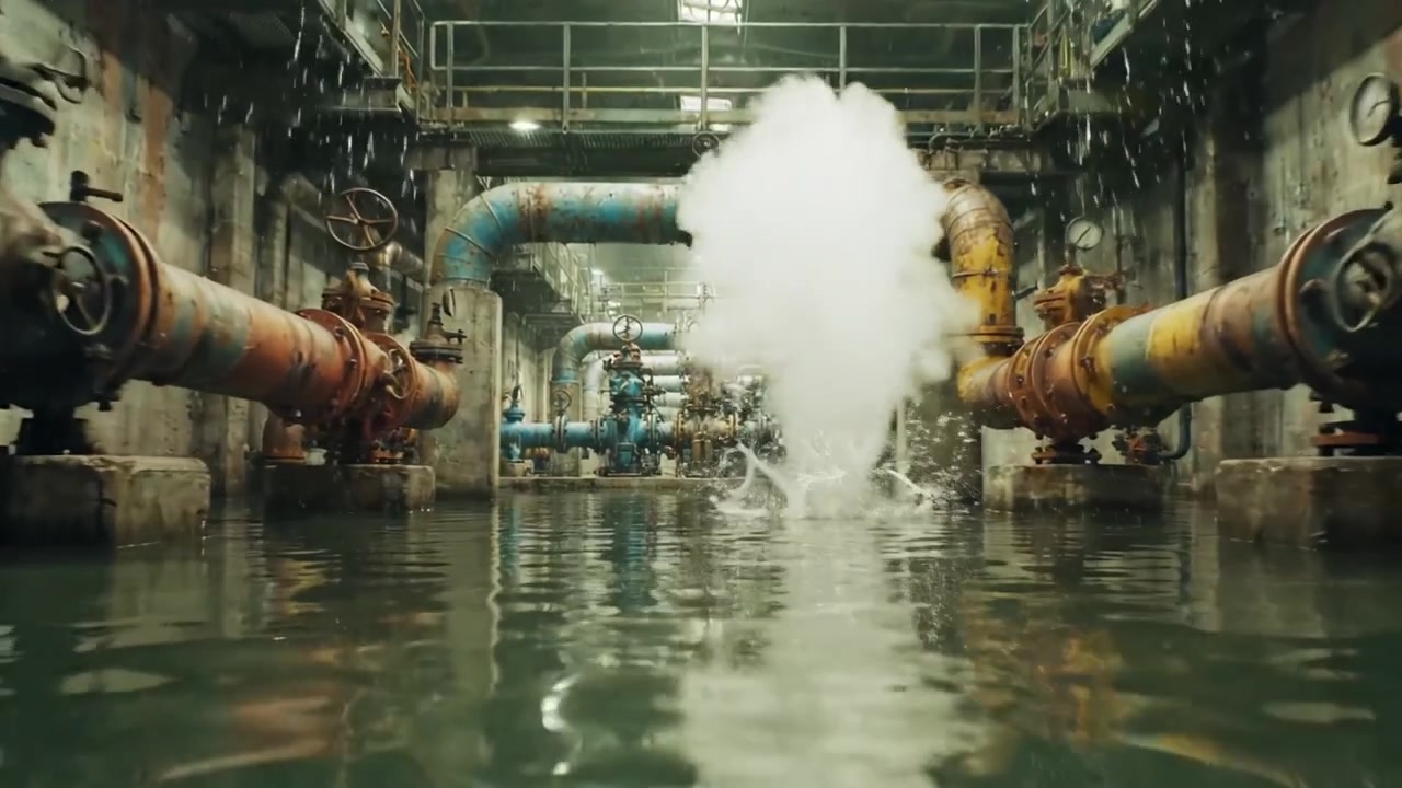 Uno sguardo intrigante all'infrastruttura industriale: tubi e valvole in un magazzino allagato, pieno di un riflesso torbido dell'ambiente circostante