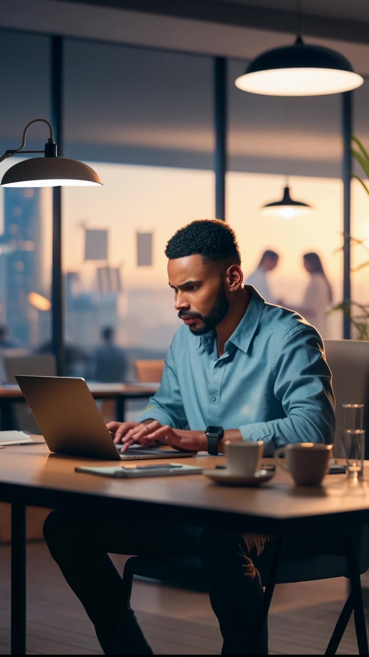 Focused Professional Working on Laptop in Modern Office at Sunset