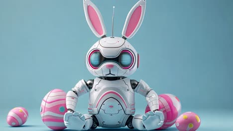 a futuristic robot bunny with pink accents sits among colorful easter eggs