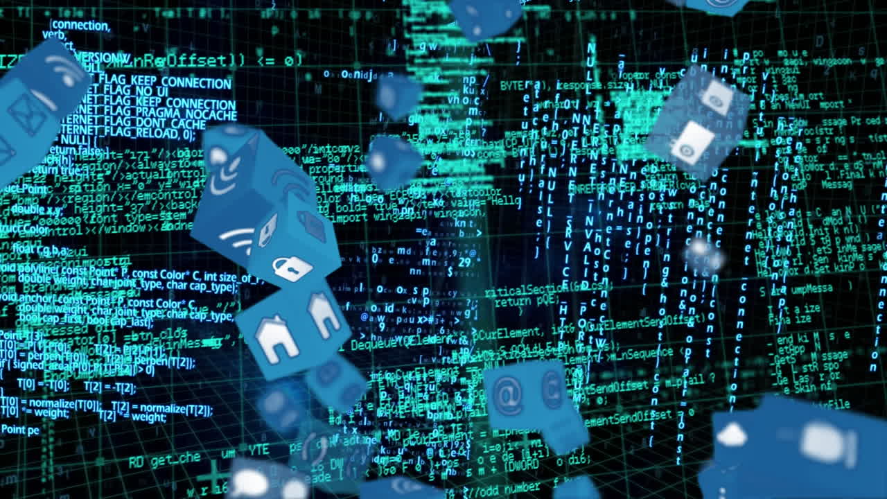 프로그램 코드가 있는 인터넷 아이콘과 기호의 큐브