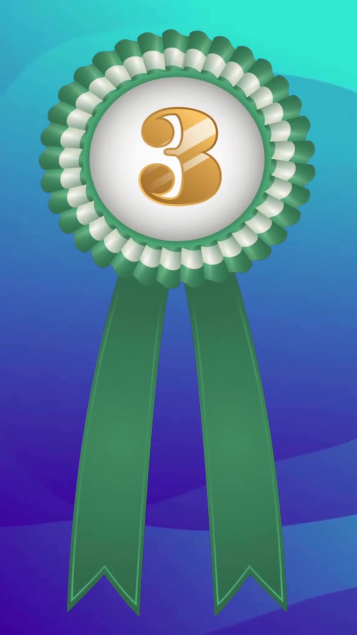 Animazione di un badge con il numero 3 e forme su sfondo blu