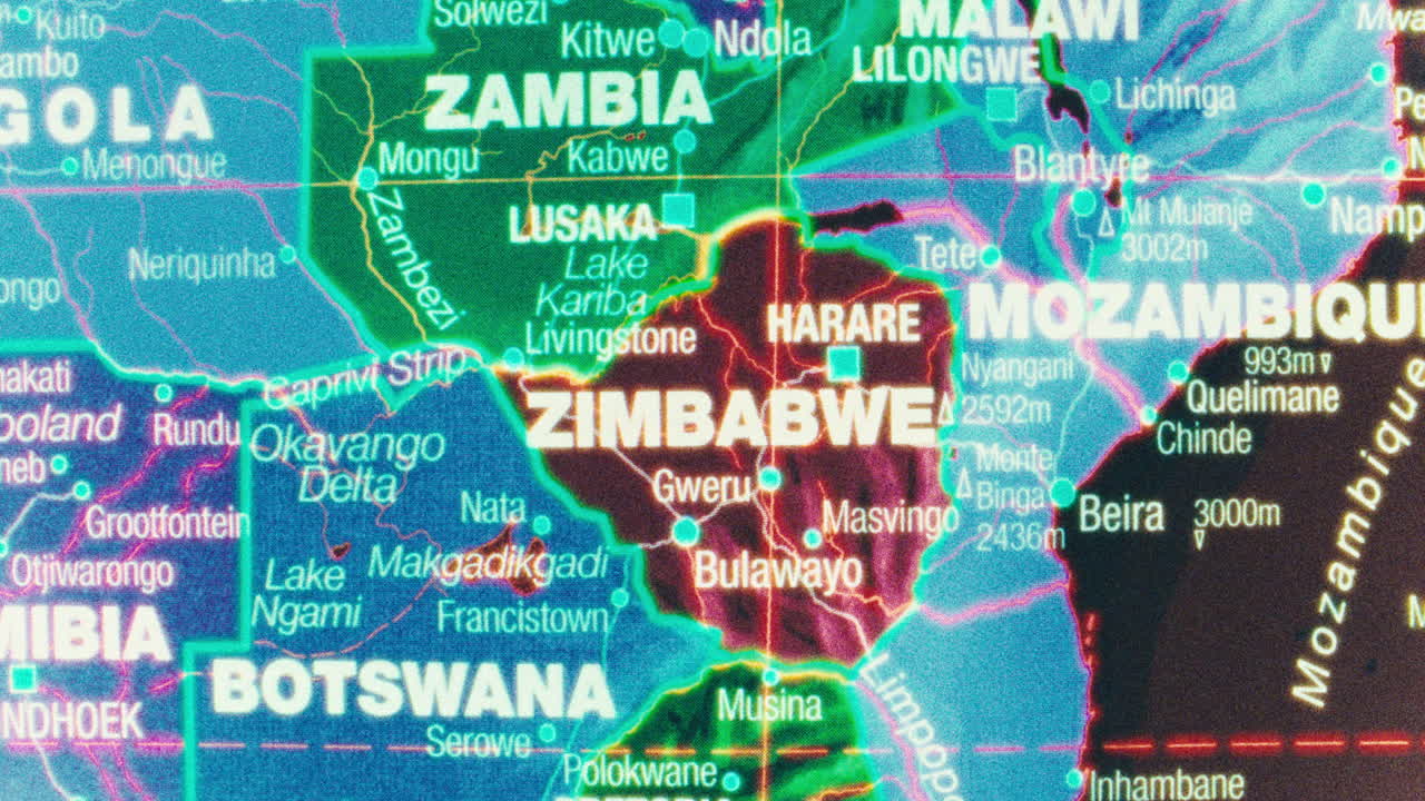 A detailed map of Zimbabwe and its surrounding countries in Southern Africa