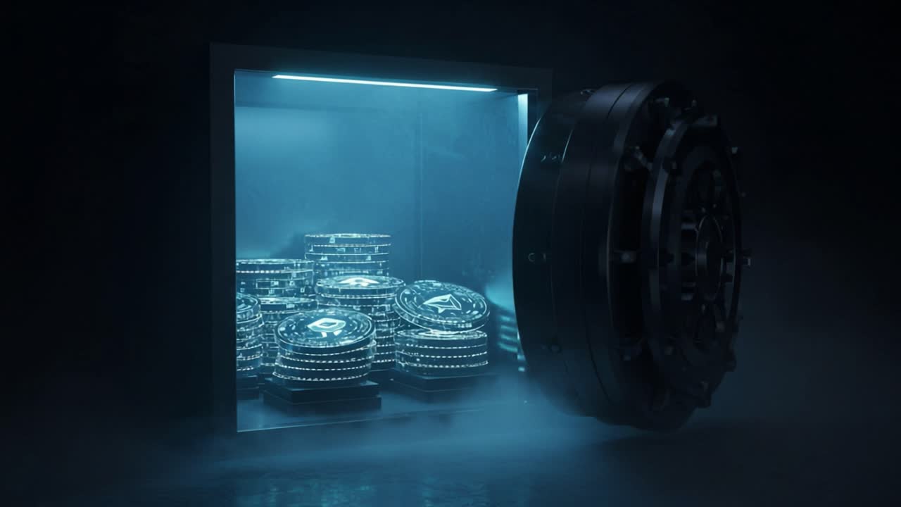 A Glimpse Inside a Secure Vault: A Highly Detailed Metallic Safe Door Opened to Reveal Shiny Stacks of Cryptographic Coins Surrounded by an Atmosphere of Mystery and Intrigue