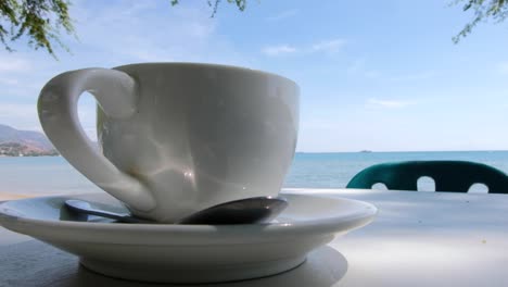 a cup of coffee at an outside table on the beach overlooking the ocean on a tropical island in timor leste, south east asia